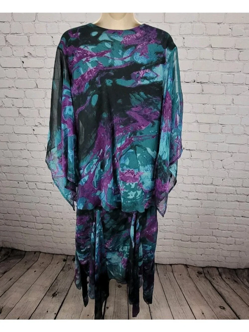 VTG Pegasus Woman Purple Chiffon Sequin 2 Piece Skirt Set Blouse Outfit Reg Size